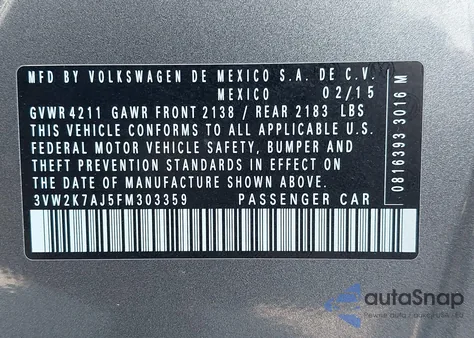 2015 Volkswagen Jetta 2.0L S from USA, damaged, VIN 3VW2K7AJ5FM303359